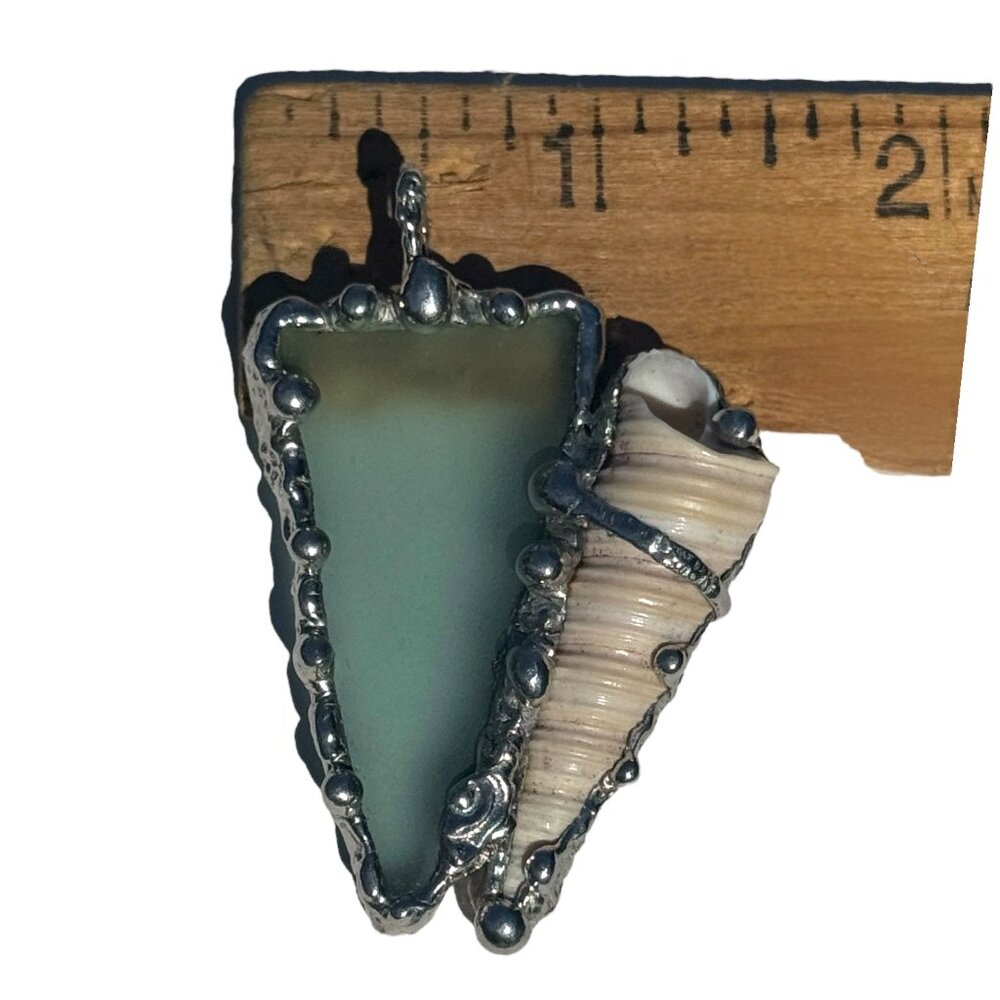 Sea Glass and Conch Pendant Encased with Intricate Artisan Boho Style Metalwork - Picture 7 of 14